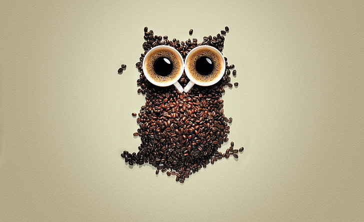 Owl, brown owl illustration, Aero, Creative, Coffee, Beans, coffee beans, HD wallpaper