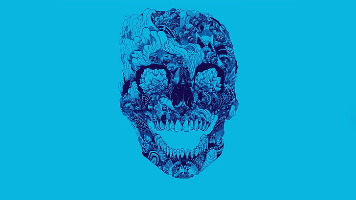 blue skull digital wallpaper, minimalism, simple background, blue background