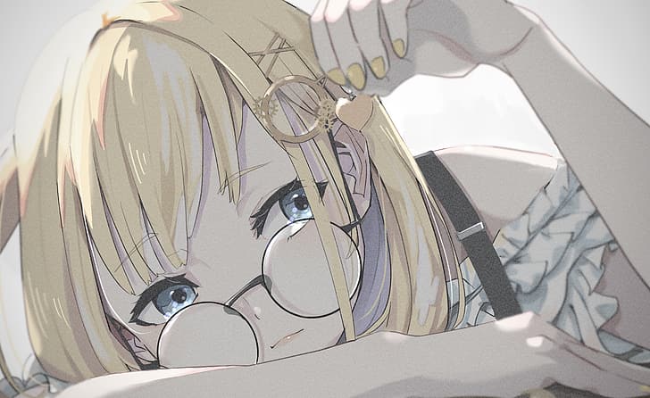 anime, anime girls, glasses, blue eyes, blonde, long hair, white background