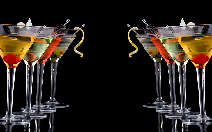 cocktails, black background, studio shot, glass, refreshment, HD wallpaper