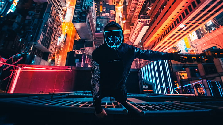 city, building, night, mask, parkour, men, photography, one person, HD wallpaper