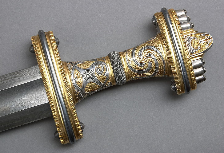 gold-colored and silver-colored sword handle, art, skill, the hilt of the sword
