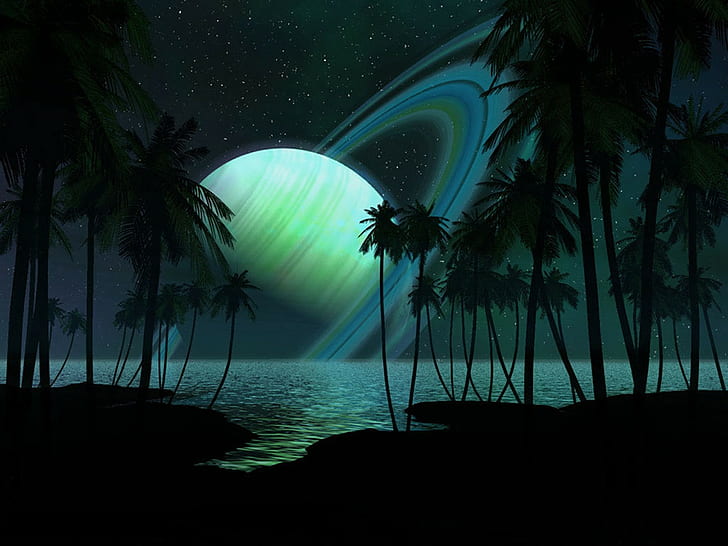 planet abstract planetary rings digital blasphemy, night, water