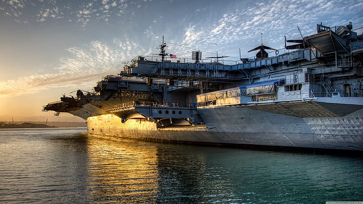 sunset, military base, military aircraft, aircraft carrier, HD wallpaper