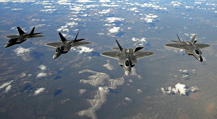 F22 Raptors, four gray jet, military, fighter, aircraft planes