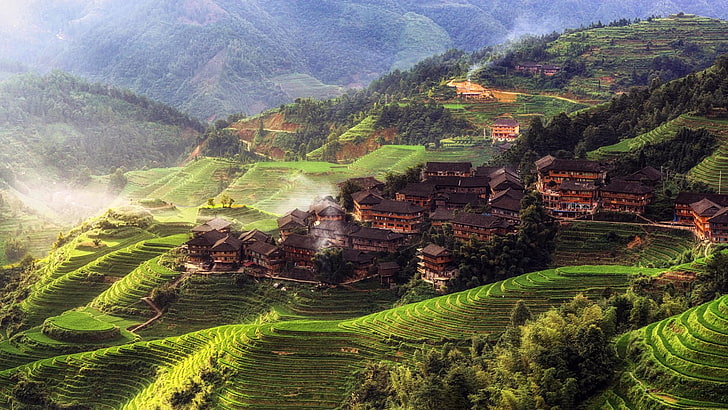 China, mountains, house, trees, town, village, Tian Tou Village, HD wallpaper