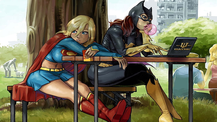 Batgirl and Supergirl digital wallpaper, DC Comics, cartoon, artwork, HD wallpaper