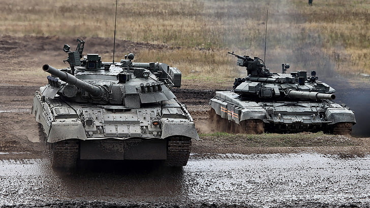 two gray war tanks, military, T-90, T-80, weapon, armored tank