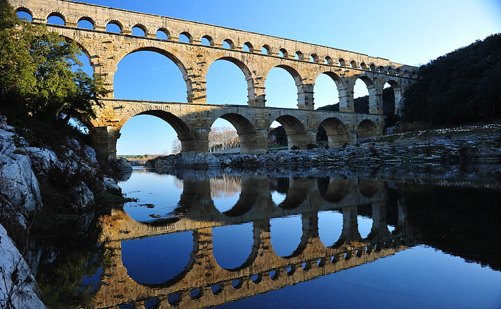 Pont Du Gard, France, beige concrete bridge, Europe, Clear, languedocroussillon