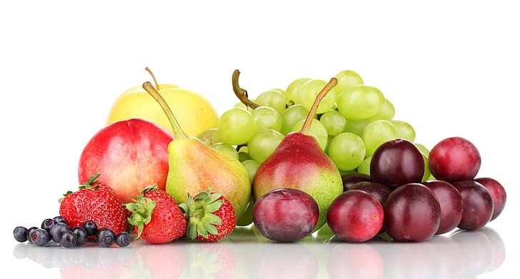 assorted fruits, apples, blueberries, strawberry, grapes, plum
