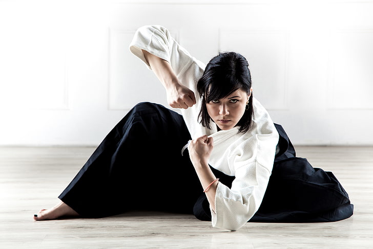women's white and black taekwondo suit, sport, woman, kimono, HD wallpaper