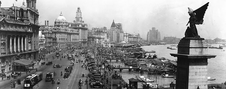 Shanghai 1930, grayscale photo of city near body of water, Vintage, HD wallpaper