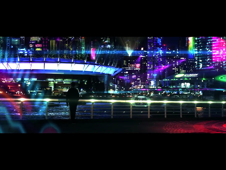 blue and purple concrete building, cyberpunk, night, city, illuminated, HD wallpaper