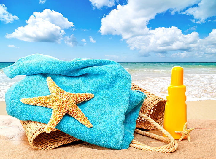 blue towel, star fish, and brown basket, sea, beach, summer, the sun
