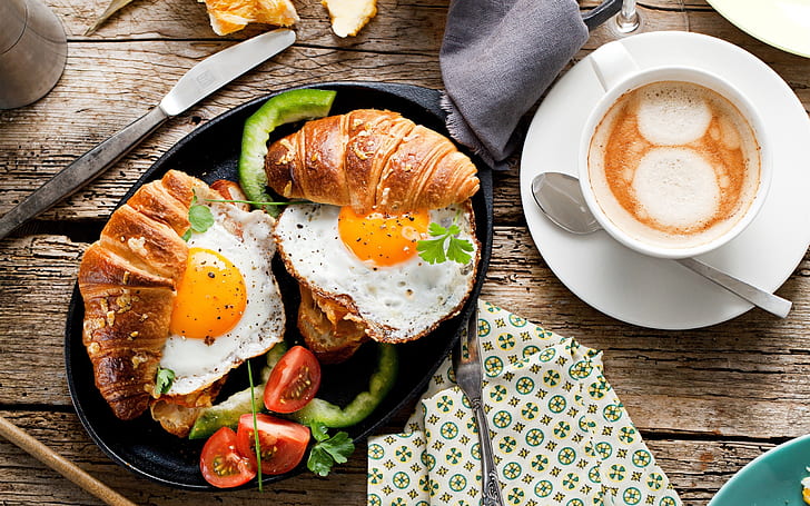 Breakfast, food, bread, fried eggs, tomato, coffee, HD wallpaper