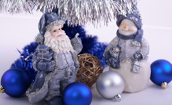 santa claus, snowman, new year, christmas decorations, tinsel, snowman and santa claus ceramic figure, HD wallpaper