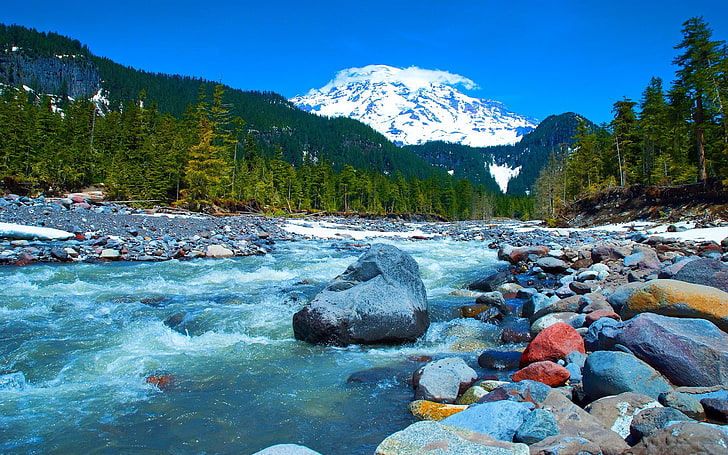 flowing river and white mountain, nature, landscape, stones, mountains, HD wallpaper