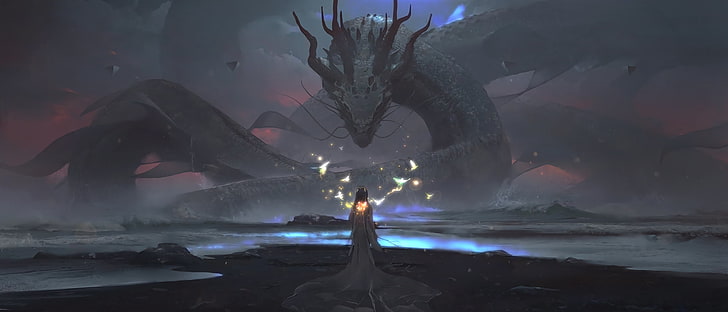 virtual game screenshot, dragon, artwork, water, birds, clouds, HD wallpaper