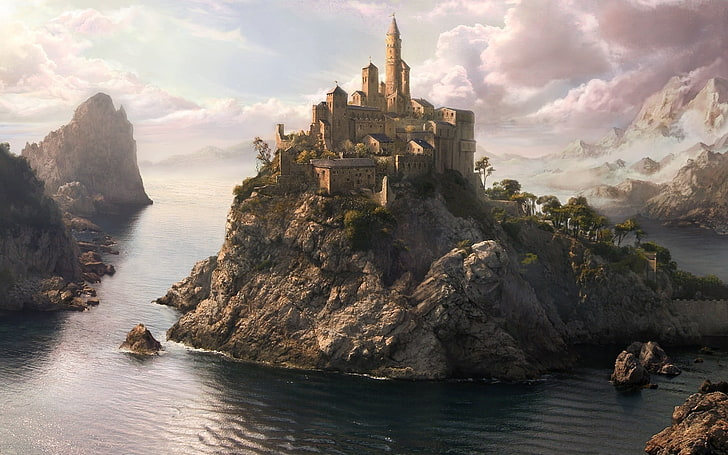 castle on island illustration, fantasy art, fantasy city, water