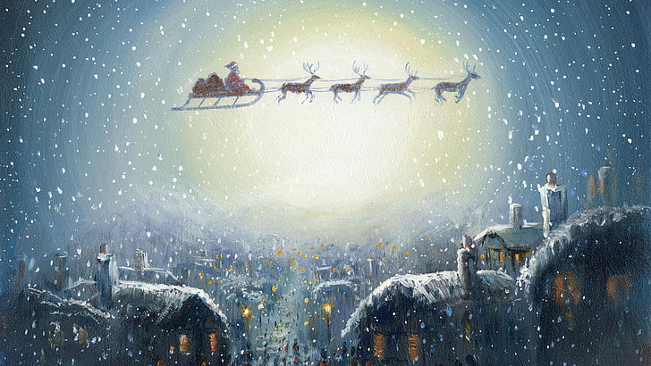Santa Claus riding flying sleigh painting, snow, the city, lights