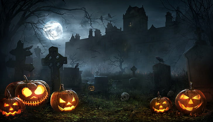 Holiday, Halloween, Cemetery, Graveyard, Jack-o'-lantern, Night