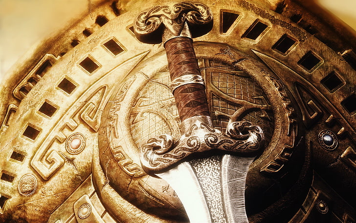 brown hilt sword, weapons, shield, blade, Skyrim, The Elder Scrolls V