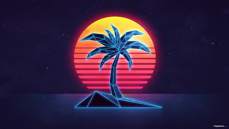 blue palm plant illustration, 1980s, palm trees, Sun, stars, island