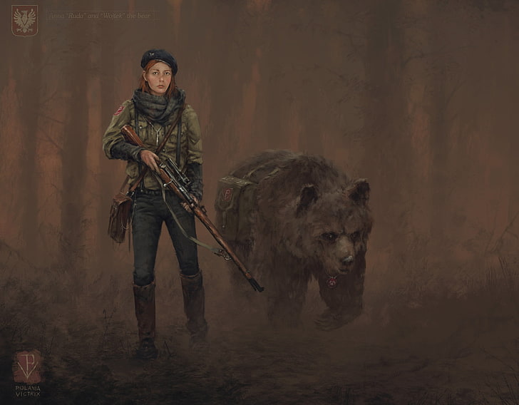 woman standing while holding rifle near bear illustration, bears