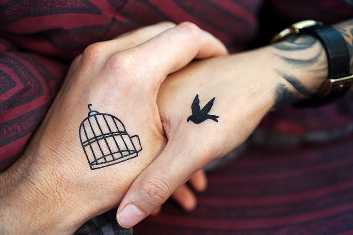 birdcage and bird couple tattoo, hands, tattoos, love, human Hand