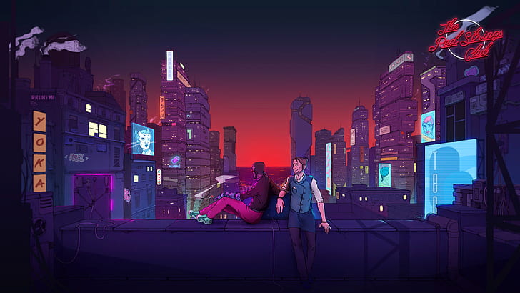 The red strings club, cityscape, rooftops, video game art, video game characters