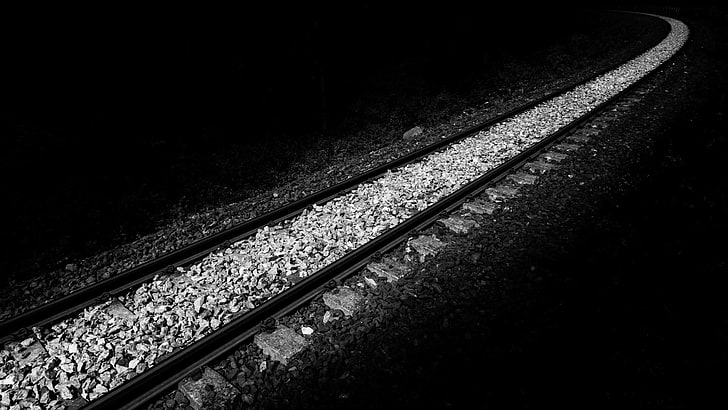 train track, monochrome, railway, stones, night, black background