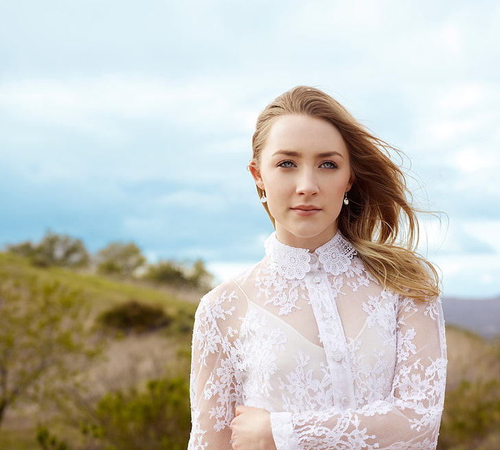 white lace button-up top, landscape, nature, blur, dress, actress