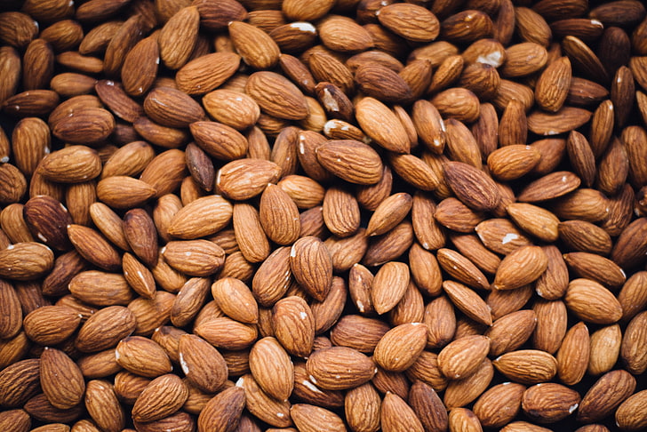 almond nut lot, almonds, nuts, core, food, close-up, brown, seed, HD wallpaper