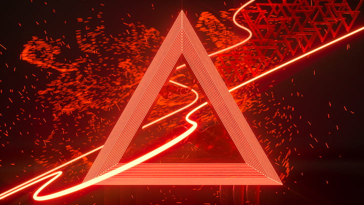 neon, red, line art, lines, triangle, floating particles, sparkle