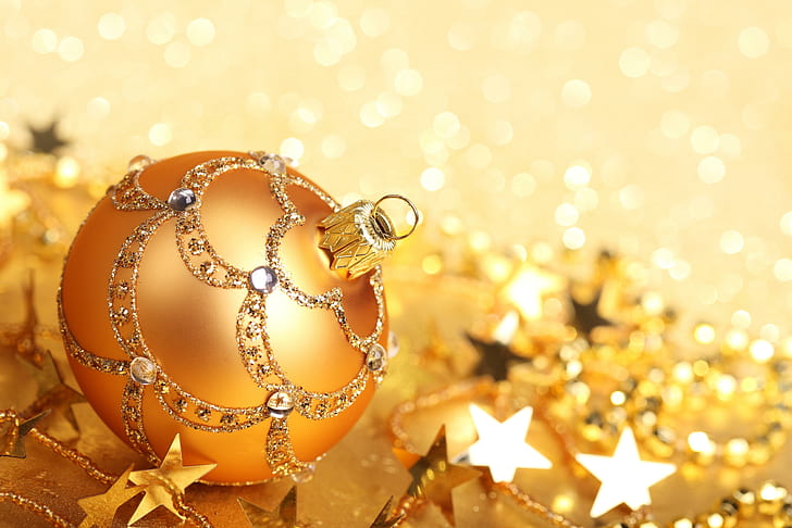 Holidays Christmas Balls Gold color, miscellaneous, HD wallpaper