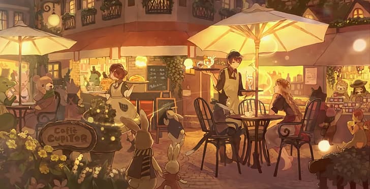 anime, cafe, night, lights, outdoors, flowers, animals, rabbits