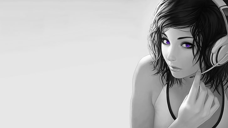 selective coloring, headsets, purple eyes, simple background