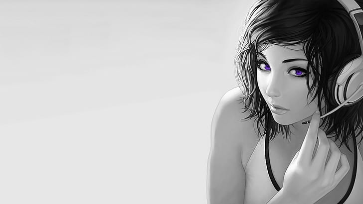 women, simple background, selective coloring, purple eyes, artwork