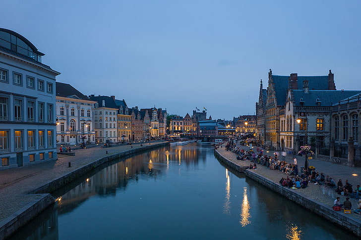 the sky, bridge, people, home, the evening, channel, Belgium