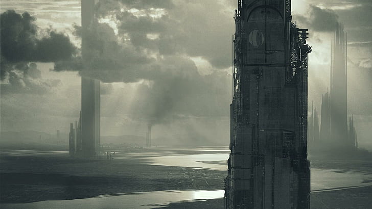 Towers, concrete pillar, fantasy, 1920x1080, city, future, HD wallpaper