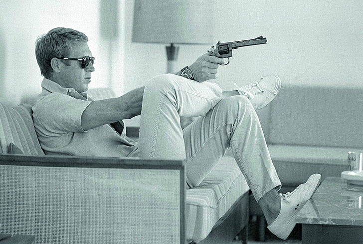 Badass Steve McQueen, sitting, sofa, gun, furniture, one person