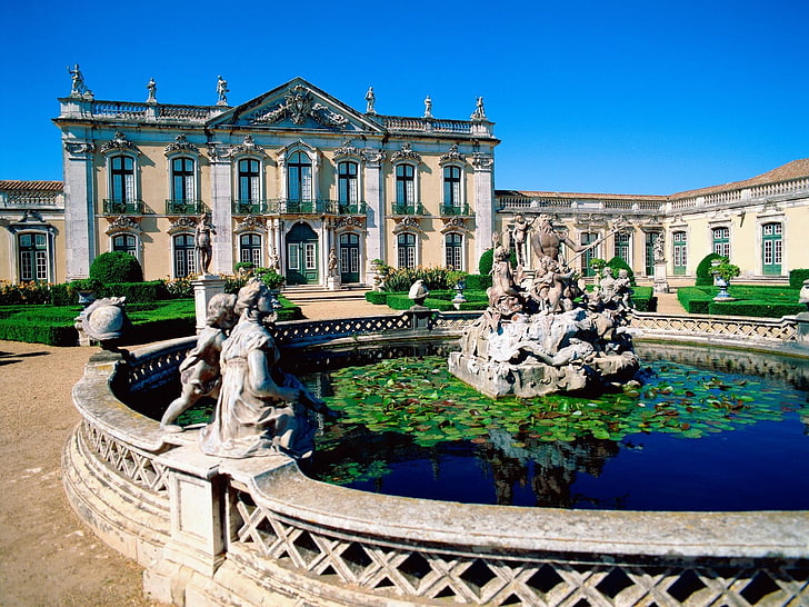 architecture, palace, Portugal, statue, Rococo, garden, built structure, HD wallpaper