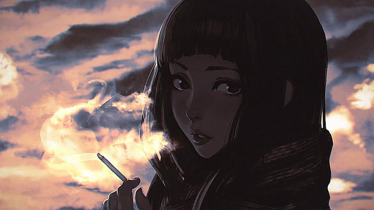 woman smoking anime character wallpaper, Ilya Kuvshinov, drawing