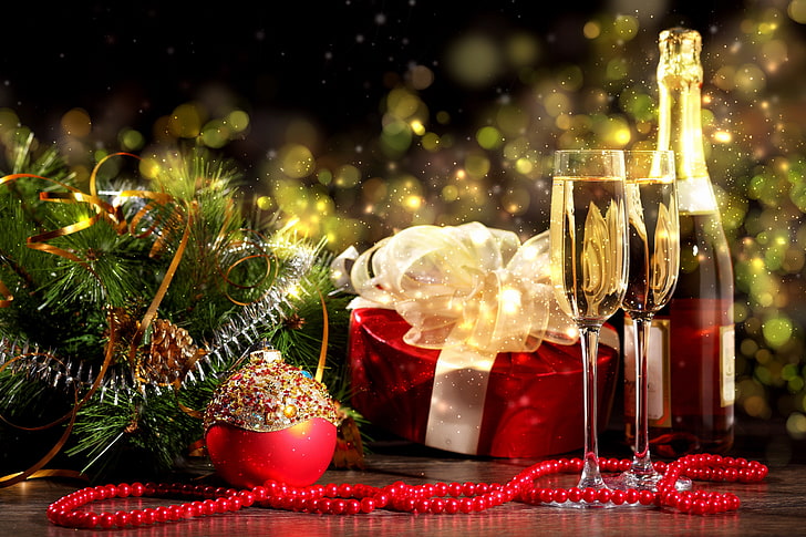white and beige labeled glass champagne bottle with glasses, Christmas, HD wallpaper