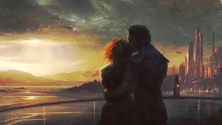 man kissing woman near body of water painting, Mass Effect, concept art