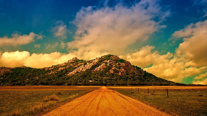 brown rough road, soil, straight line, mountain, clouds, sky