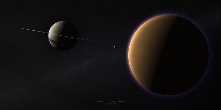 Titan digital wallpaper, ring, the milky way, satellites, Saturn