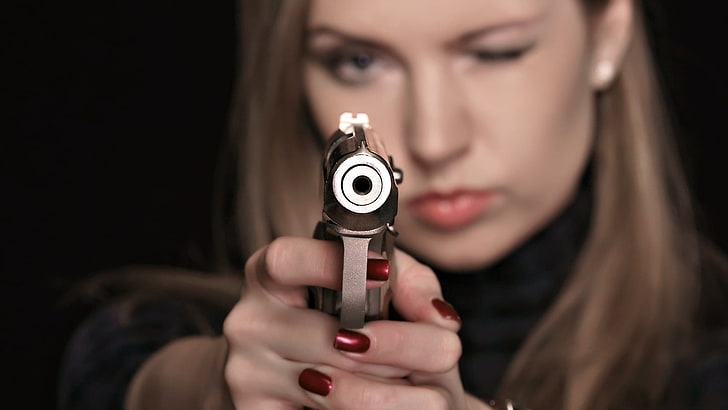 silver pistol, girl, gun, weapons, handgun, women, people, one Person