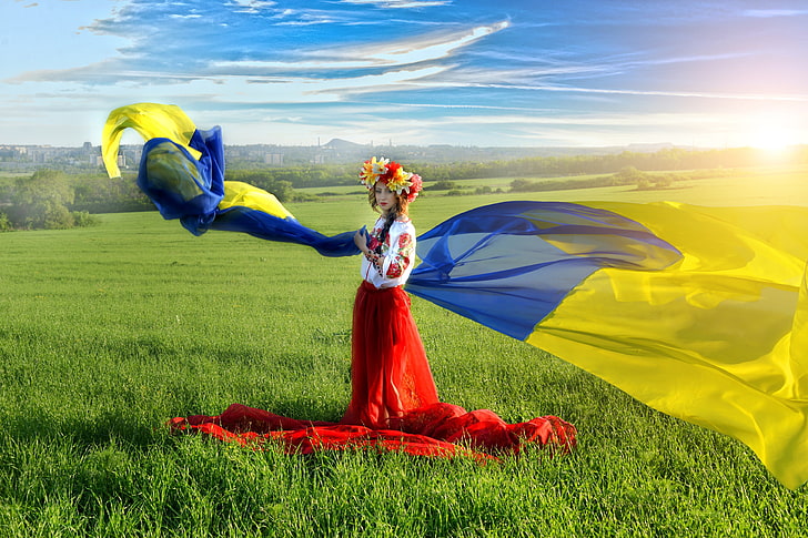 women's red, blue, and yellow dress, field, the sky, grass, flag