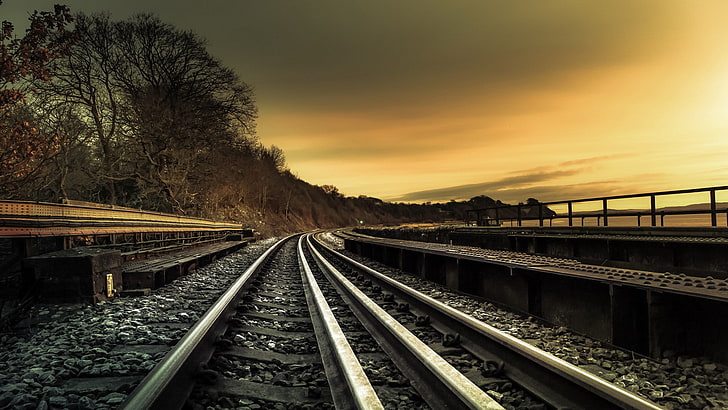 railway, sunlight, track, rail transportation, railroad track, HD wallpaper